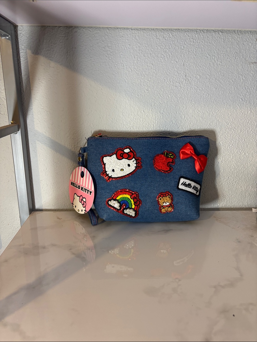 Hello Kitty Denim Wristlet Pouch with Red Bow and Multicolor Patches